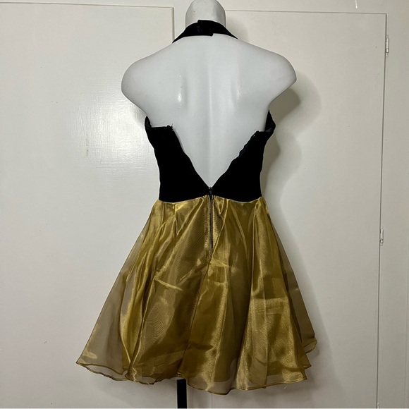 Vintage 80s De Laru Black Velvet Halter Gold Organza Skirt Mini Dress - Picture 5 of 8